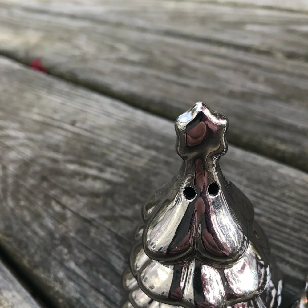 Silver toned Ceramic Christmas Tree Salt & Pepper Shakers / Holiday Decoration